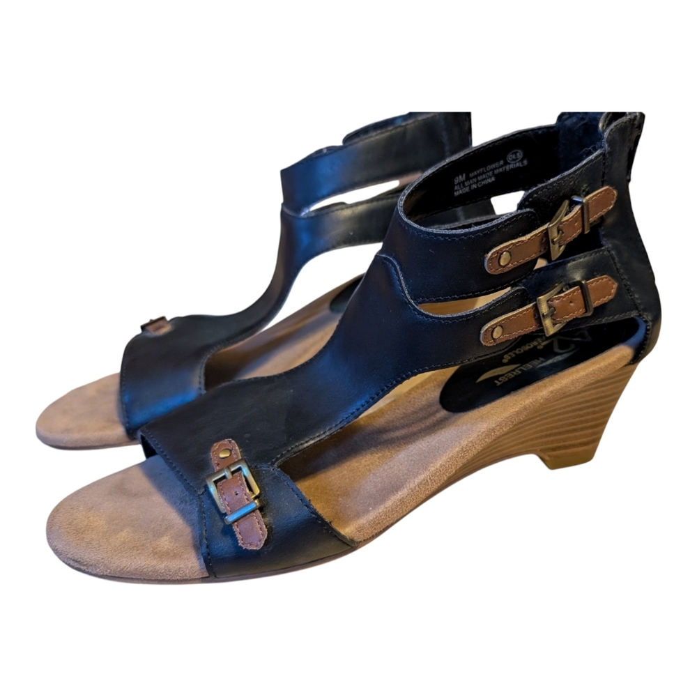A2 Aerosoles Mayflower Black Tan Faux Leather Wedge Heel Sandals 9